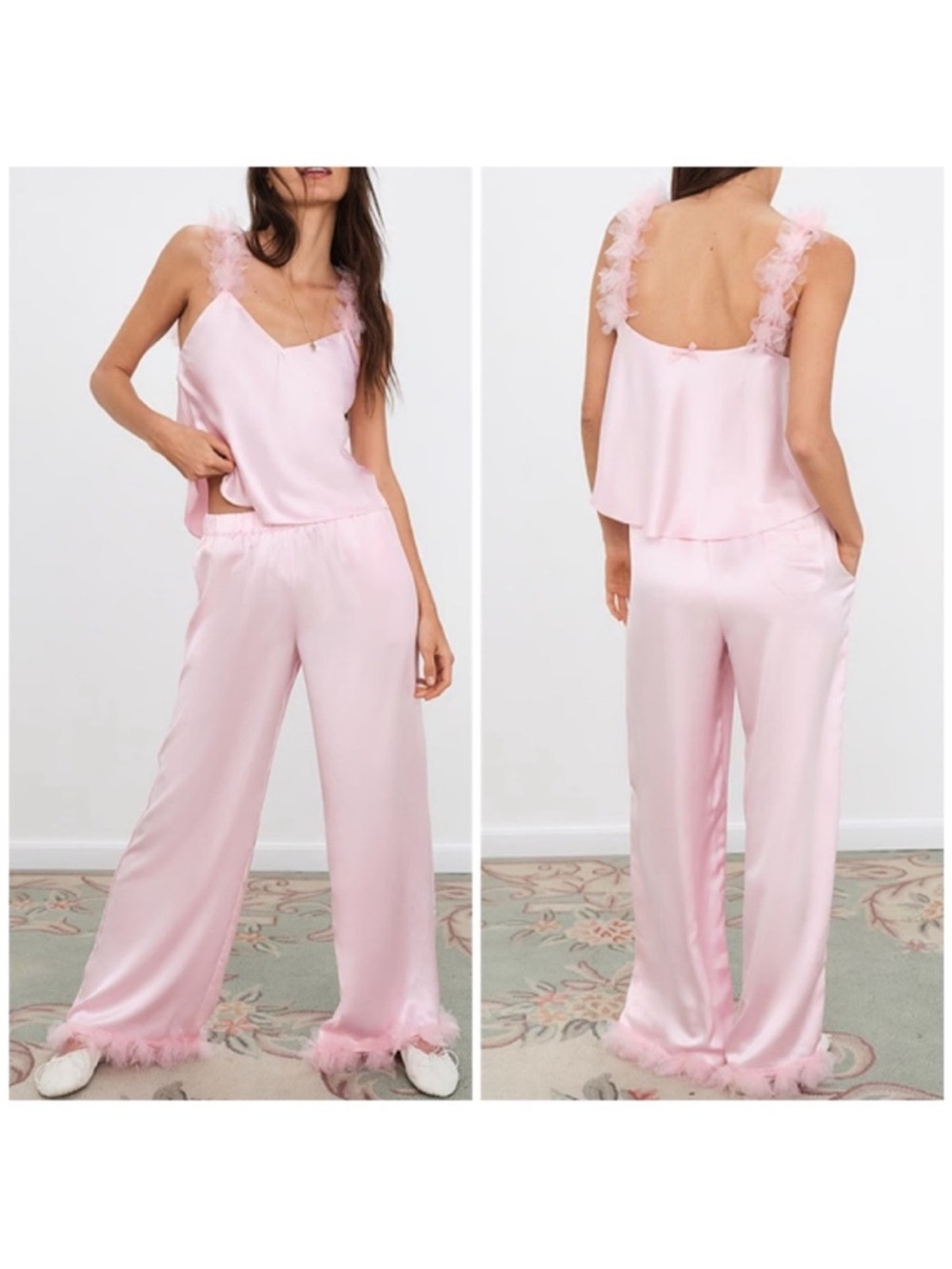 For Love And Lemons Pink Satin Feather-Trim Cami & Wide-Leg Pajama Set